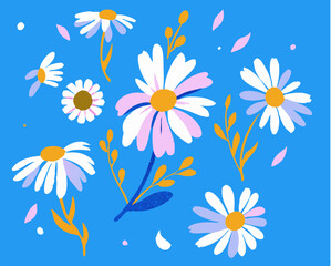 Pretty Daisies Floral Design Elements, Blue Background