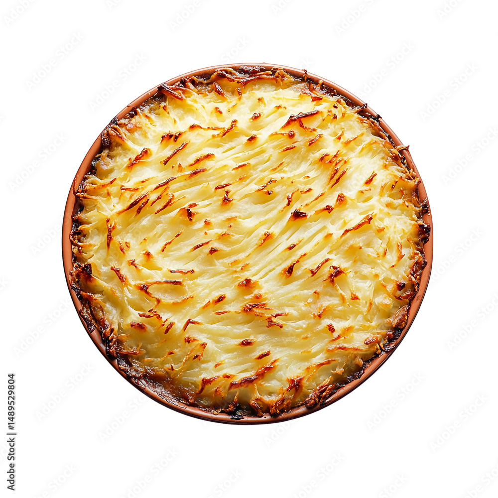 Poster golden textured surface resembling a circular cottage pie dish or food item with intricate patterns.
