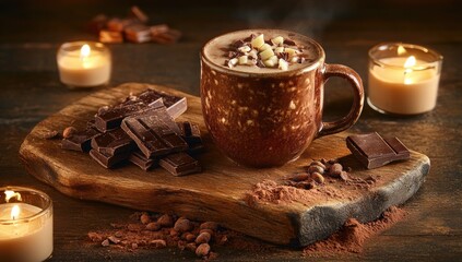 Warm, rich, chocolatey treat. A mug of steaming hot cocoa topped with chopped white chocolate, surrounded by dark chocolate, cocoa powder, and burning candles
