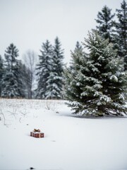 A snow covered field with some pine trees in the background.