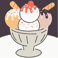 Delicious Three-Scoop Ice Cream Sundae with Sprinkles and Sticks