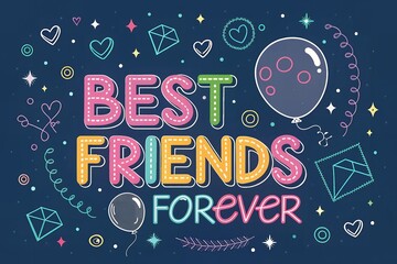 Best friends forever colorful lettering with hearts and balloon design