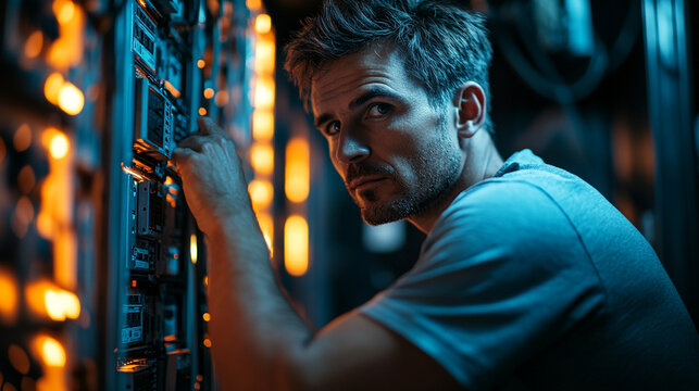 Focused male technician working on server rack maintenance and repairing network technology problems in.