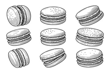 French Macarons Monochrome Engraving Artistic Collection Vector Set