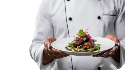 A culinary artist proudly presents a gourmet dish, exquisitely plated to showcase its flavors and artistry.