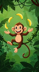 Playful cartoon monkey juggling bananas in jungle setting