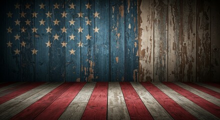 Patriotic wooden room backdrop featuring faded american flag design and texture