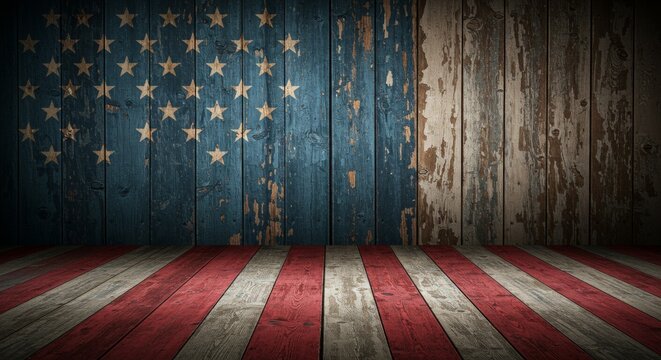 Patriotic wooden room backdrop featuring faded american flag design and texture