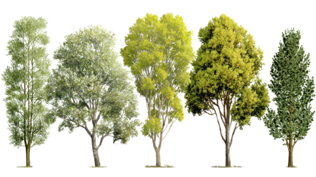 Green Canopy Showcase: A selection of vibrant trees of various species stand in unison. Displaying their unique, verdant foliage. Highlighting the diversity and beauty of the natural world.