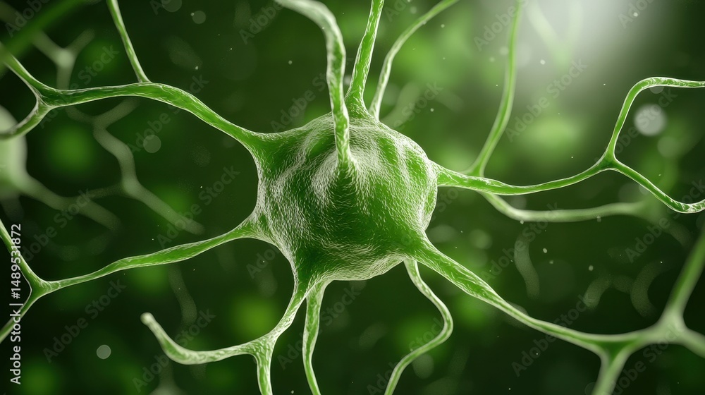 Poster a close-up 3d rendering of a green neuron cell with dendrites on a blurred green background.