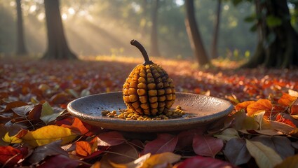 Autumnal Fruit on Plate Surrounded by Fallen Leaves in Forest