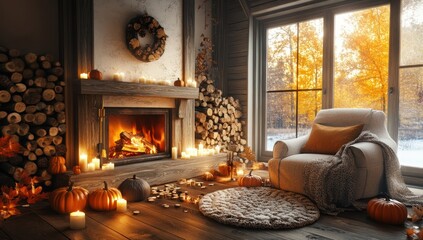 Cozy Autumn Fireplace Scene: A Warm and Inviting Cabin Interior with a Burning Fireplace, Pumpkins, and Candles