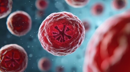 A close-up digital illustration of red biological cells under a microscope, highlighting intricate internal structures in a blue background.