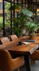 Fototapeta premium Tranquil modern café workspace with natural wood table, leather chairs and lush indoor plants, featuring coffee cup, notebook and small potted plant in cozy restaurant interior