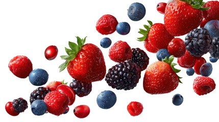 Berry Blast: A vibrant mix of fresh strawberries, blueberries, raspberries, and blackberries cascade dynamically, creating a delicious and eye-catching composition.