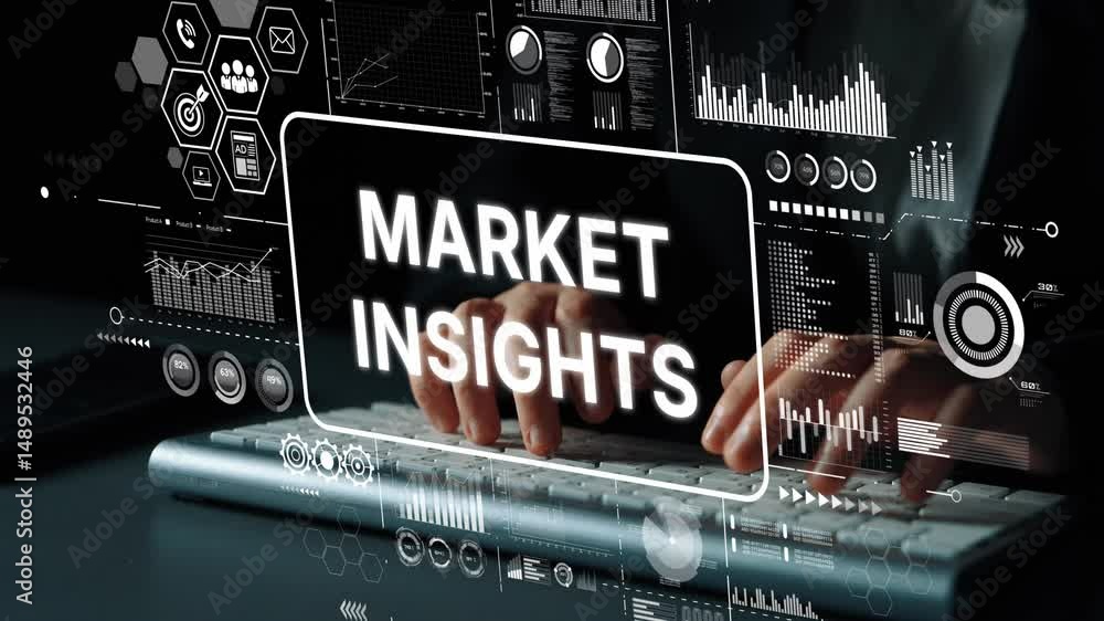 Poster business professional analyzing market insights with data visualization and technology interface dis