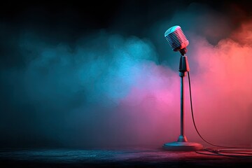 Retro microphone bathed in vibrant neon light