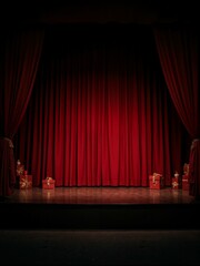A stage with presents on either side of red curtains.
