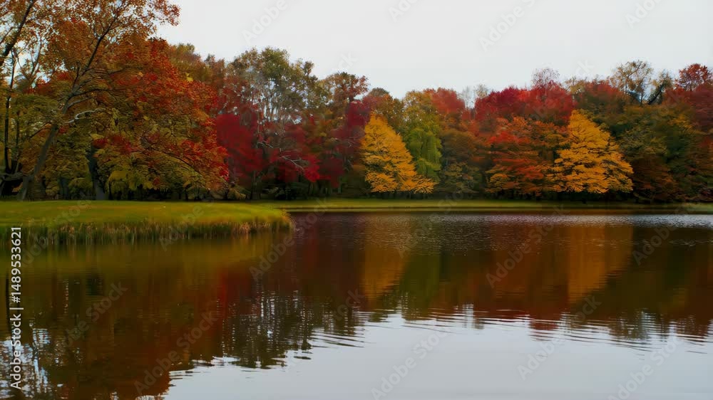 Poster scenic autumn view of a lake with colorful trees reflected in the water, a floating maple leaf in th