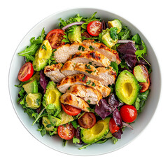 A vibrant Chicken Avocado Salad featuring grilled chicken, cherry tomatoes, avocado, and mixed greens in a round bowl. isolated on white background and transparent background