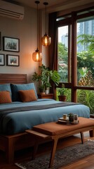 Cozy modern bedroom with blue bedding and wooden furniture featuring amber pendant lights, indoor plants, and city view through large windows in urban apartment