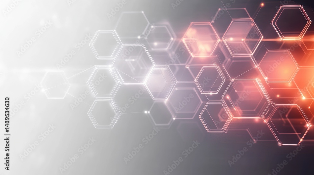 Poster abstract digital background with glowing hexagonal shapes in white and orange hues, creating a futur