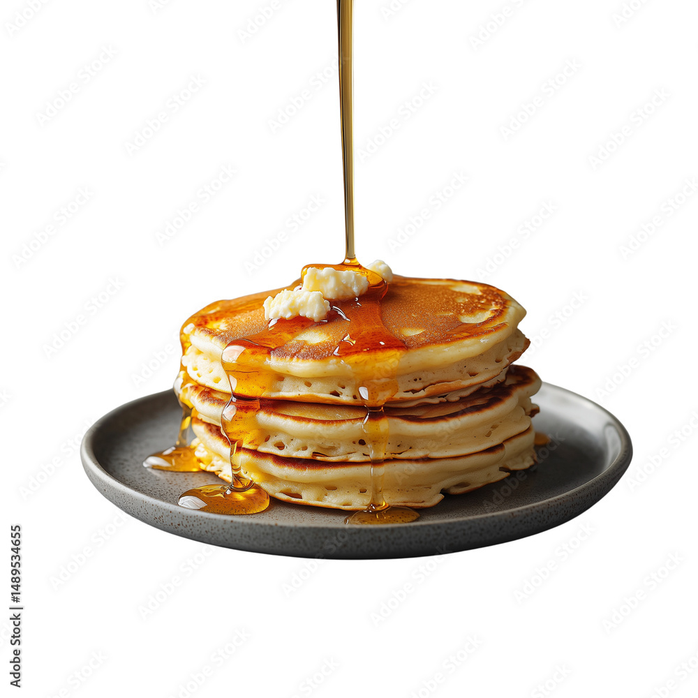 Poster stack of pancakes topped with syrup and butter on a plate. isolated on white background and transpar
