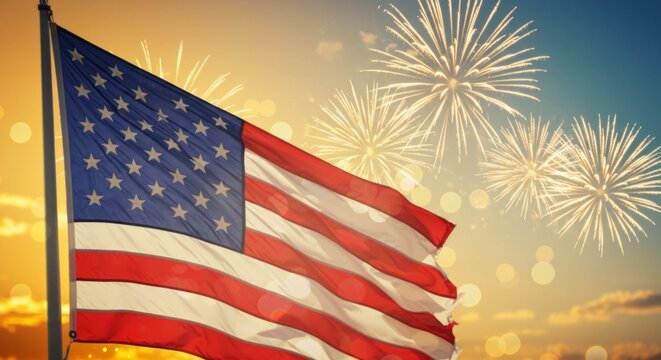 Patriotic celebration: american flag with vibrant fireworks in a twilight sky