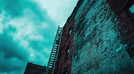 Old brick building with fire escape under cloudy teal sky