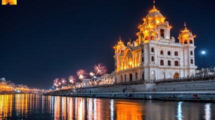 Fototapeta premium Illuminated Waterfront Building at Night with Fireworks