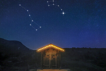 A real night scene on a mountain hut with starry sky showing constellation of great bear and little...