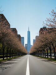 A street with trees on both sides and skyscrapers in the background.