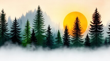 Obraz premium Misty Evergreen Forest Sunrise with Large Orange Sun