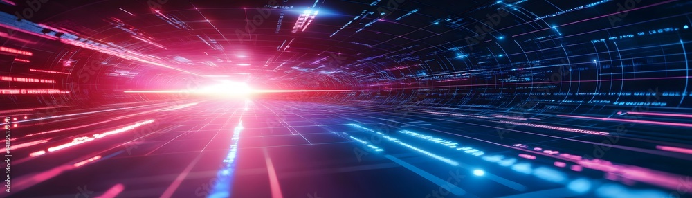 Poster abstract digital tunnel of vibrant light and data streams.