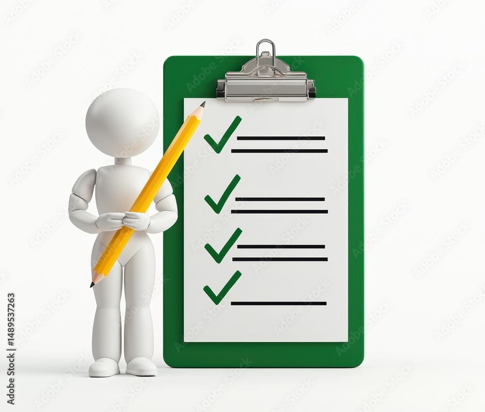 Poster 3d character with checklist on clipboard and pencil in office setting