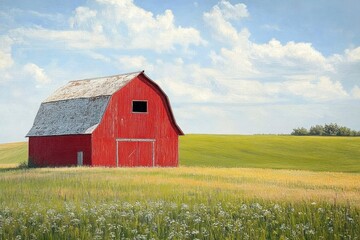 Obraz premium Red barn standing alone in a sunny field with wildflowers under a bright blue sky with scattered white clouds