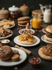 A table filled with snacks and breakfast foods.