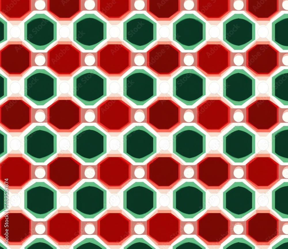 Aufkleber repeating geometric pattern featuring red and green octagons with white circles and pink dots on a l