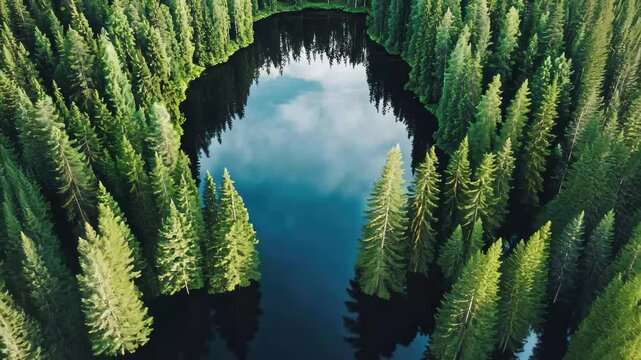 Aerial view of a serene lake surrounded by lush green forests in Finland, Aerial View of the Lake and Forest in Finland Beautiful nature of Finland