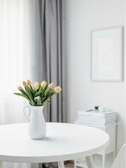 A table with two white vases filled with flowers.