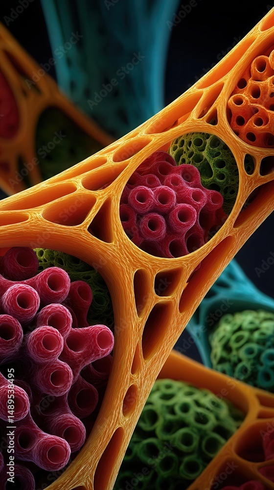 Poster detailed colorful microscopic visualization of cellular structures showing orange tissue framework c