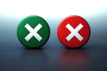 Fototapeta premium Two textured circular tokens with white cross marks, one green and one red, placed side by side on a dark reflective surface with soft lighting