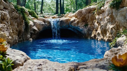 Serene Blue Pool and Cascading Waterfall in a Rocky Grotto