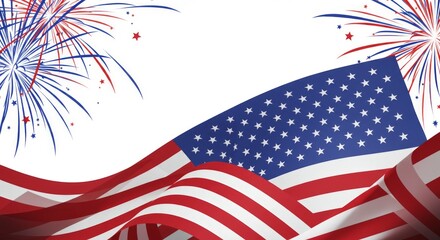 Festive patriotic design with waving American flag and burst fireworks displays