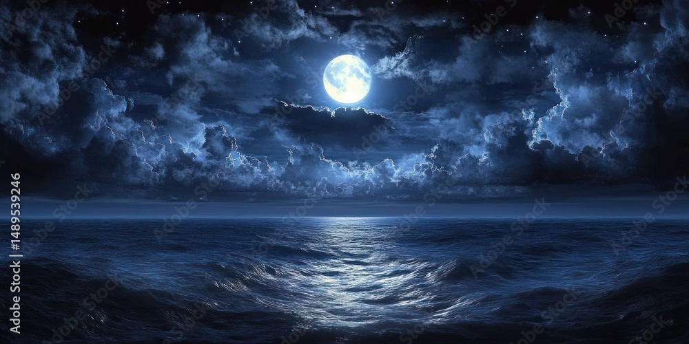 Poster full moon shining brightly over a dark ocean with clouds scattered across the night sky creating a s