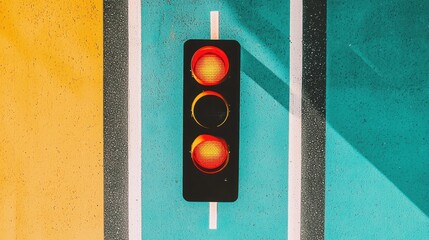 Overhead view of illuminated red traffic light on road with colorful background