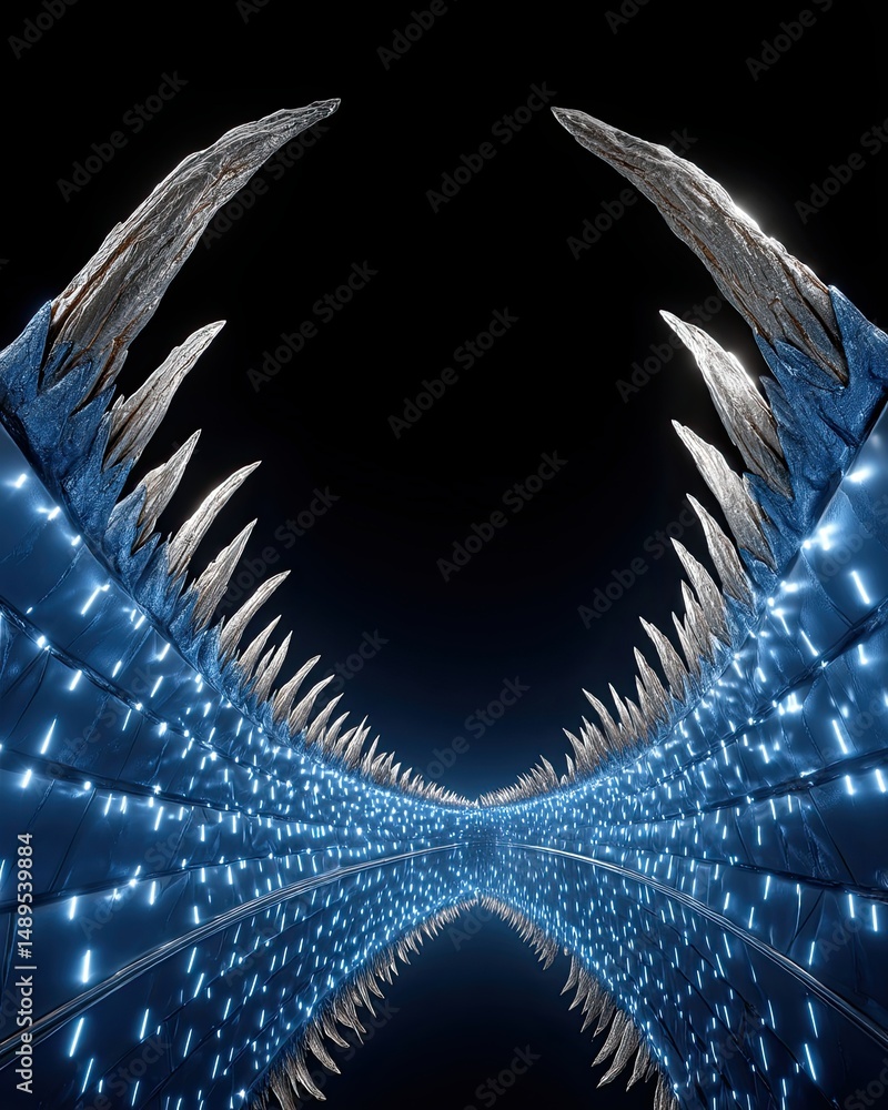 Poster futuristic corridor with pointed structures and glowing lights