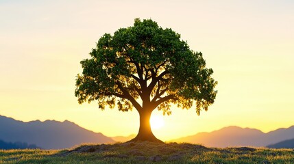 Fototapeta premium Single Green Tree Silhouette at Sunset with Mountain Background