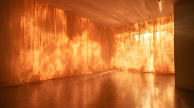 Fire-resistant curtains drawn across blast area, tension behind the veil, symbolic safety, Cinematic Scene