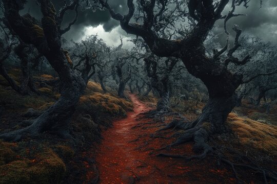 A path winds through a dark, ancient forest. Twisted, gnarled trees reach skyward, their branches draped in moss. A path of crimson dust leads into the mysterious depths